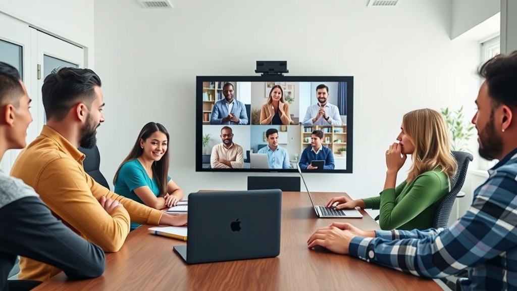 گروهی از افراد حرفهای در حال استفاده از گوگل میت Companion Mode در یک اتاق جلسه هیبریدی مدرن