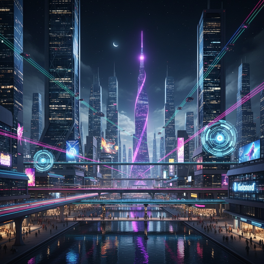 A futuristic cityscape at night, illuminated with neon lights.