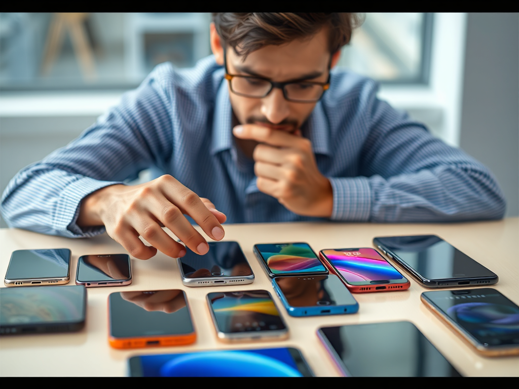 شخصی که با دقت چندین مدل گوشی هوشمند را روی میز بررسی می‌کند، با طرح‌ها و اندازه‌های مختلف صفحه نمایش smartphone reviews
