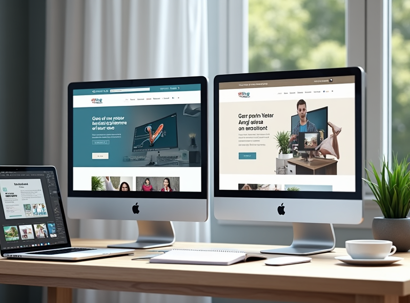 A well-organized desk featuring two side-by-side computer screens, one displaying website design version A and the other version B, with a notepad and coffee cup nearby, all under soft natural light.