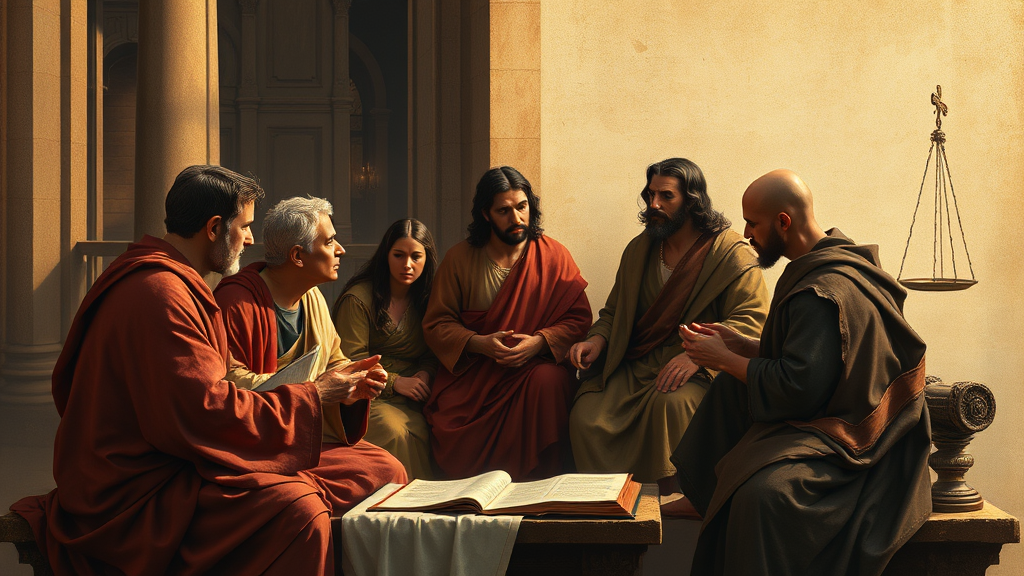 정의와 권력 남용을 상징적으로 표현한 종교적 장면