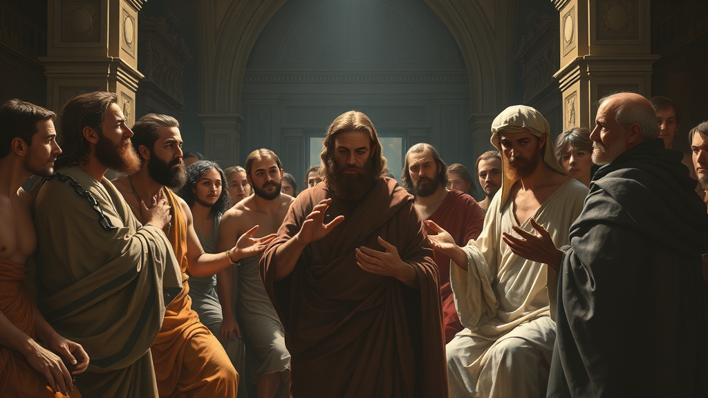 공동체 안에서 갈등과 해결을 묘사하는 상징적 장면