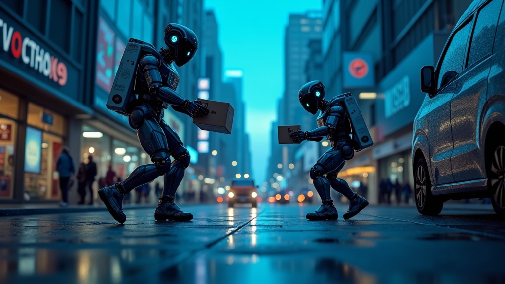 Un prototipo de los robots humanoides Amazon en fase de pruebas, interactuando con estanterías en un entorno logístico de I+D.