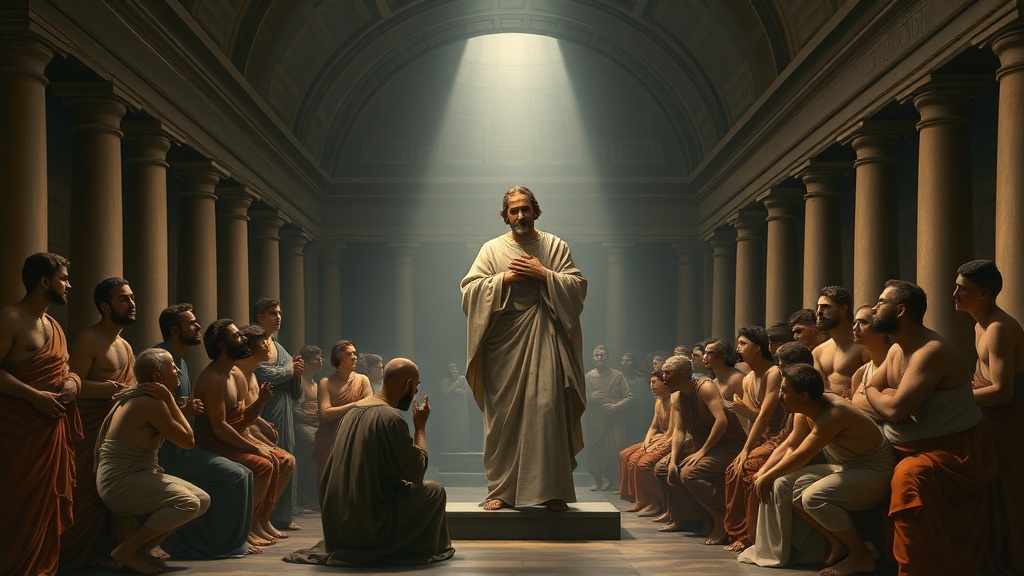 연단된 중심 인물을 둘러싼 인물들이 공정성과 부패의 갈등을 보여주는 장면