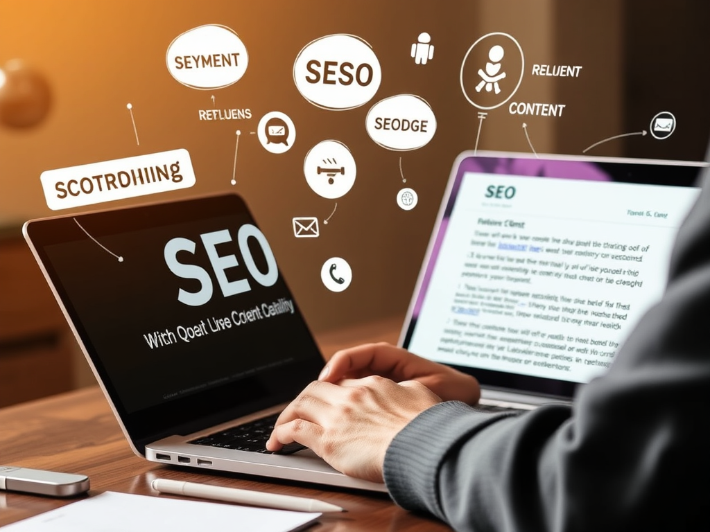 A person writing high-quality content on a laptop, with SEO concepts like keywords, links, and user experience floating around them, emphasizing effective SEO strategies.