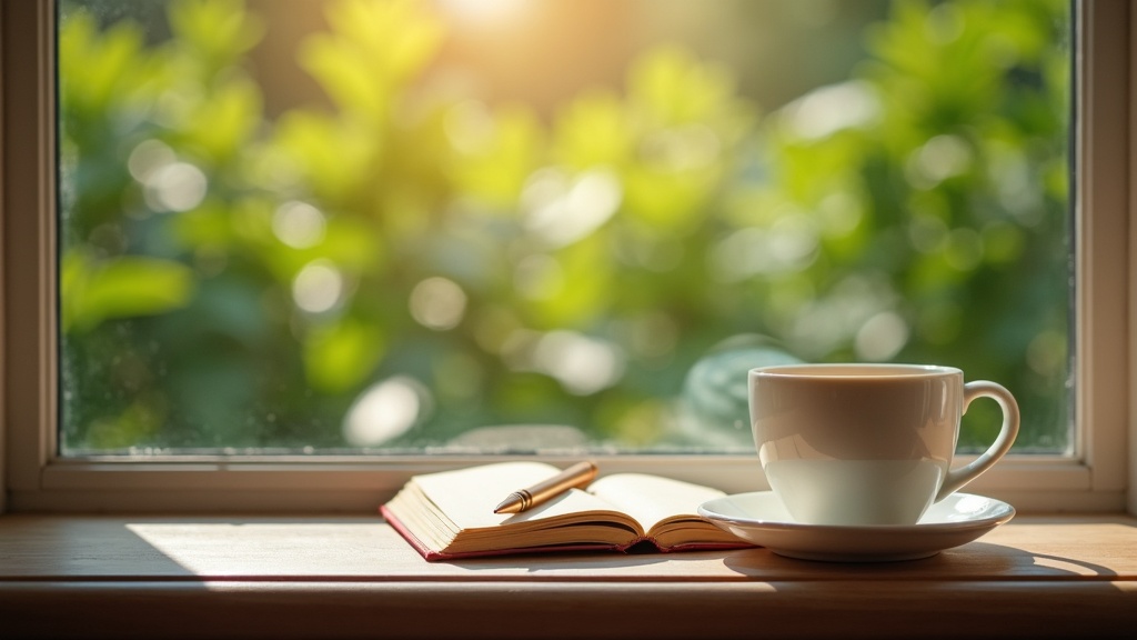 A cup of tea and notebook on a windowsill overlooking a garden