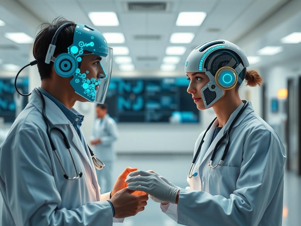 پزشکان و هوش مصنوعی در حال همکاری در تشخیص سرطان در یک محیط بیمارستانی پیشرفته