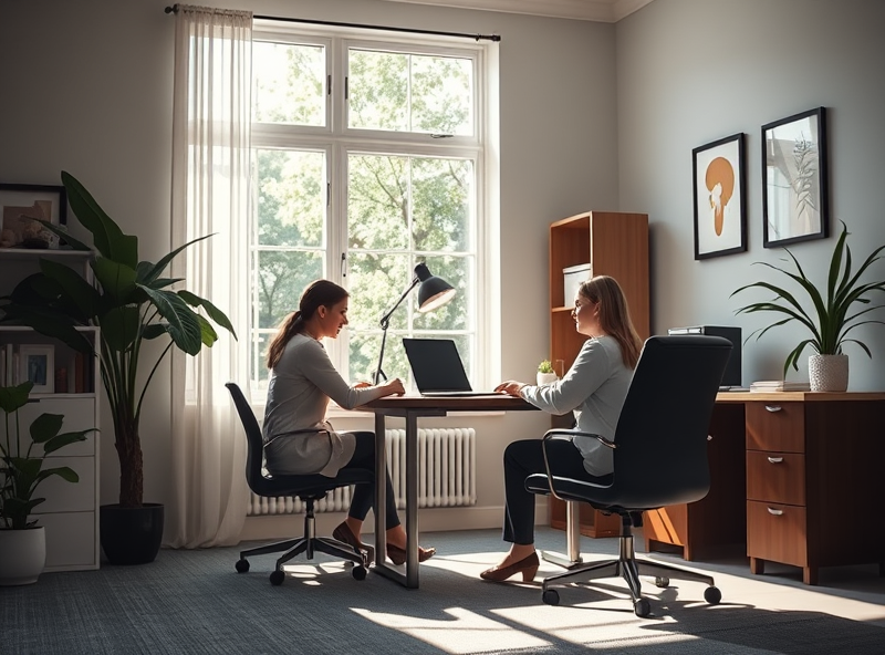 A state health navigator in a peaceful office, attentively conversing with a patient, emanating a soothing and thoughtful presence that embodies the essence of State health navigator programs.