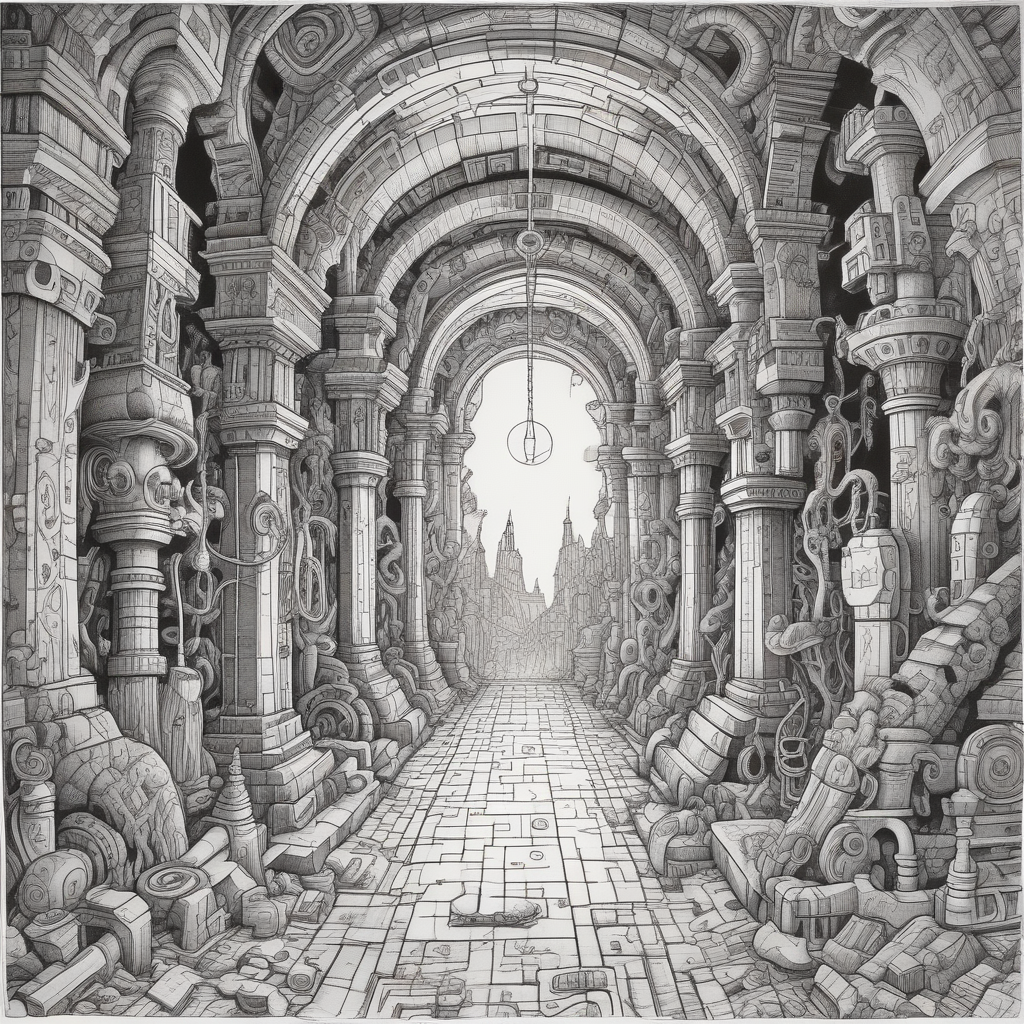 Deep underground, in the forgotten catacombs of the city, a lone explorer navigates a maze of ancient machinery and glowing runes, surrounded by the eerie silence of a bygone era.