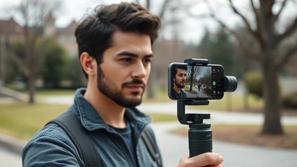 شخصی در حال استفاده از گیمبال DJI Osmo 7 Mobile در پارک برای فیلم‌برداری ثابت