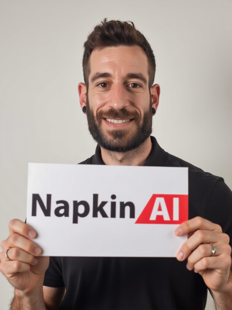 GAXYZ man holding a Napkin AI sign