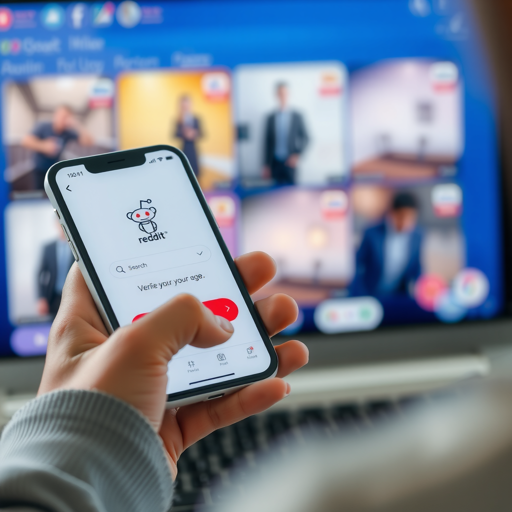 یک فرد در حال تایید سن خود در ردیت از طریق دستگاه موبایل، با پس‌زمینه‌ای تار که محتوای آنلاین را نشان می‌دهد. این تصویر حس انطباق با مقررات جدید را منتقل می‌کند در حالی که به نگرانی‌های حریم خصوصی اشاره دارد.