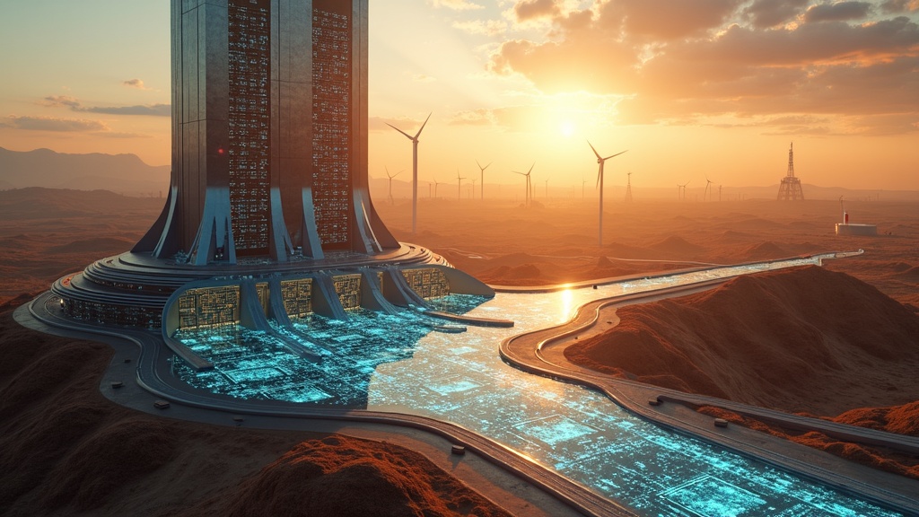 Representación artística de los servidores y la infraestructura interna de un centro de datos IA de alto rendimiento.