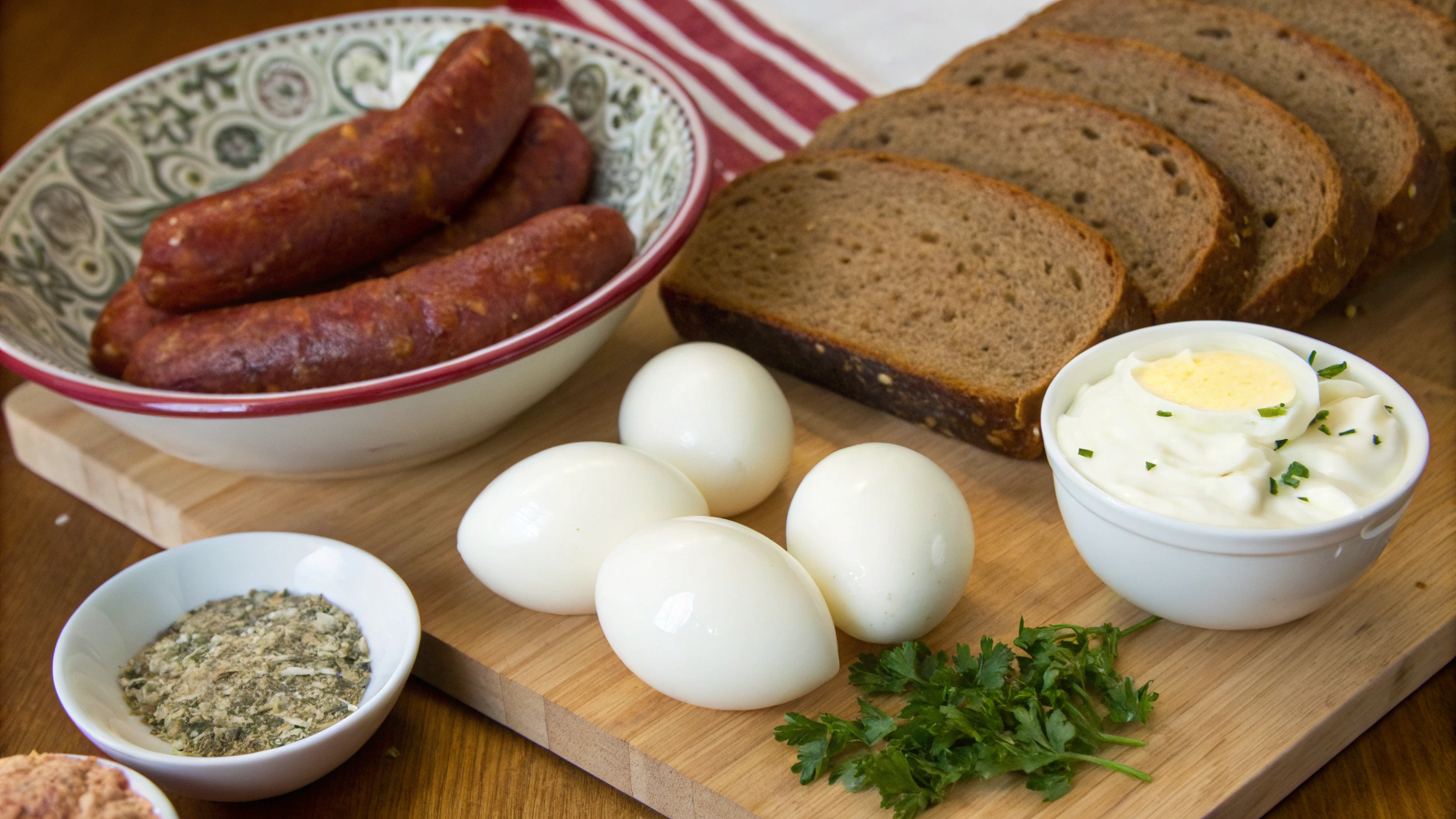 Zurek ingredients laid out on wooden table