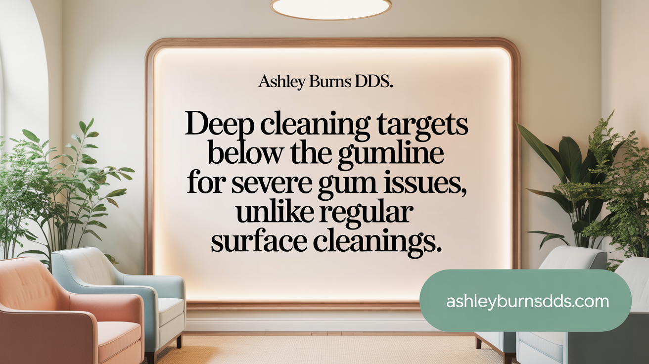 Deep cleaning targets below the gumline for severe gum issues, unlike regular surface cleanings.
