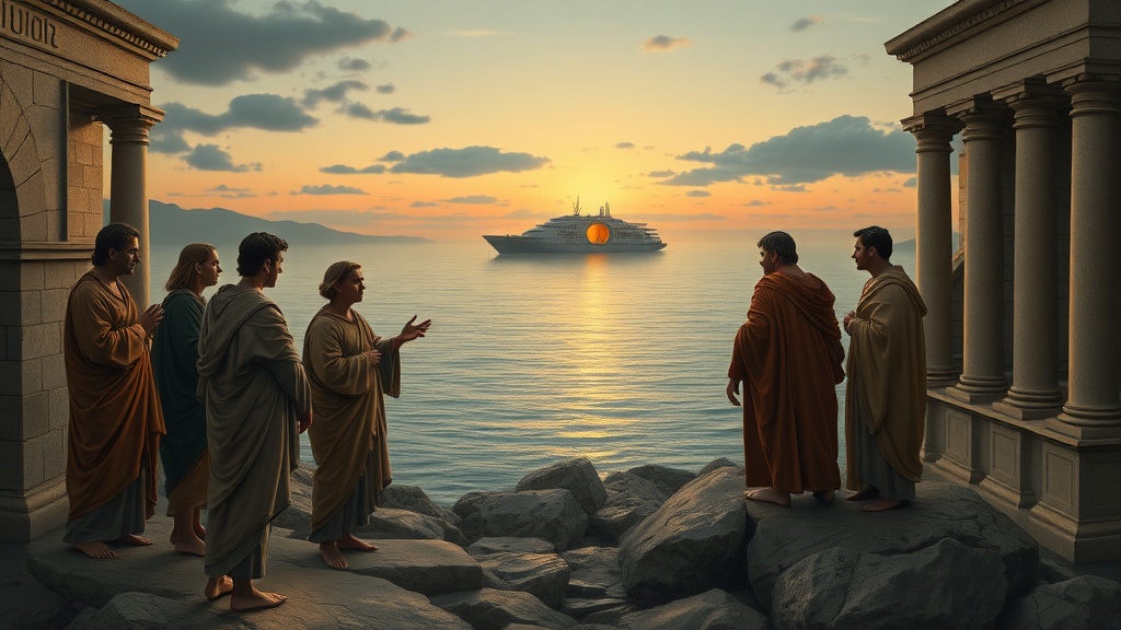 시적인 바다 풍경과 인물들이 고요히 서 있는 장면의 회화