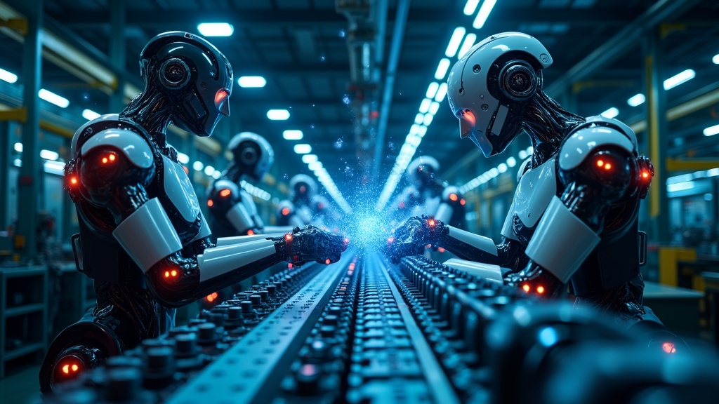 Brazo robótico de alta precisión en una línea de montaje, un ejemplo de la Inteligencia Artificial en Robótica Industrial.