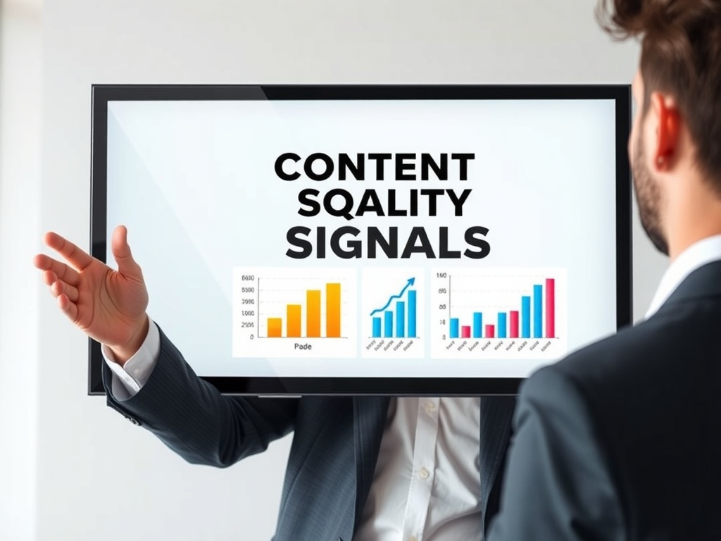 A professional presenting content quality signals on a digital screen, highlighting E-E-A-T as key content quality signals for SEO success.