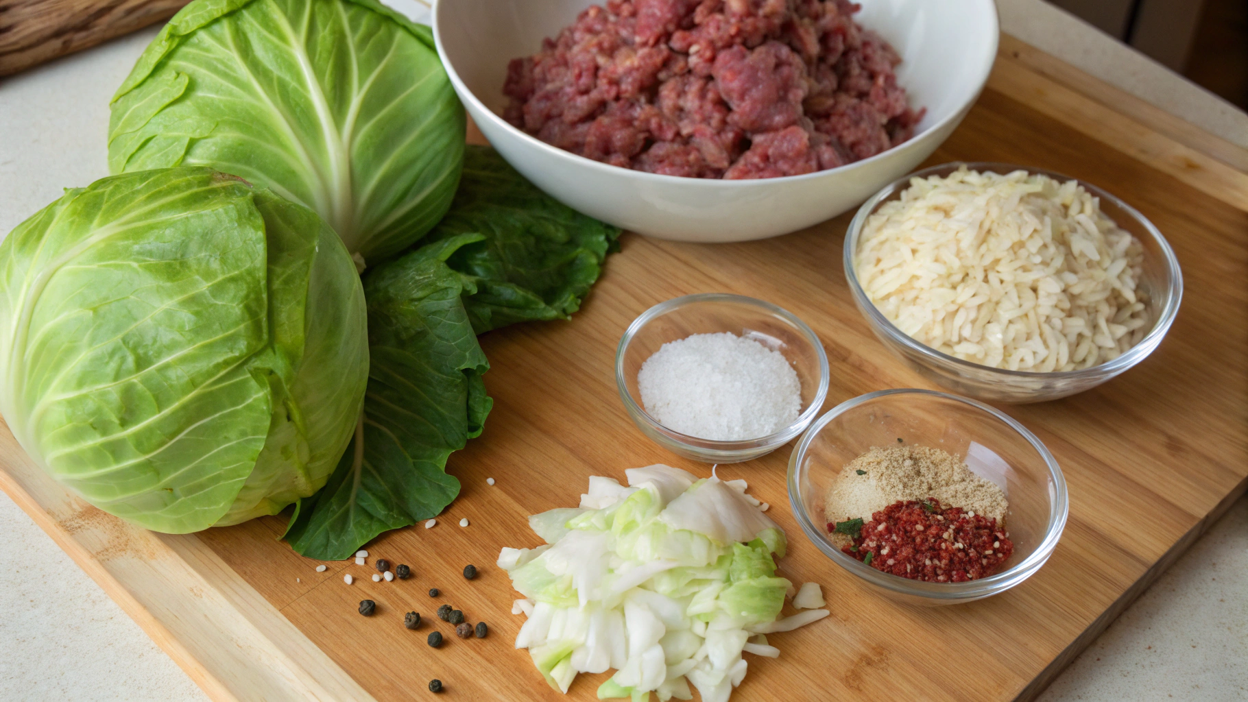 Ingredients for Gołąbki laid out on a wooden table