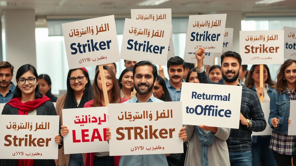 کارگران معترض فناوری در حال اعتراض در یک محیط اداری، با پلاکارد‌هایی به زبان فارسی که بر حقوق کارگران و گزینه‌های کار از راه دور در چارچوب یک Tech Worker Strike تأکید دارند. Realistic, high-quality.