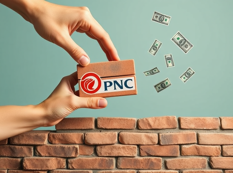 A hand adding a solid brick (with the PNC logo) to a growing wall (representing a portfolio). Money is appearing as the brick is added. Represent building a solid portfolio with a regional bank. Constructive and reliable feeling.