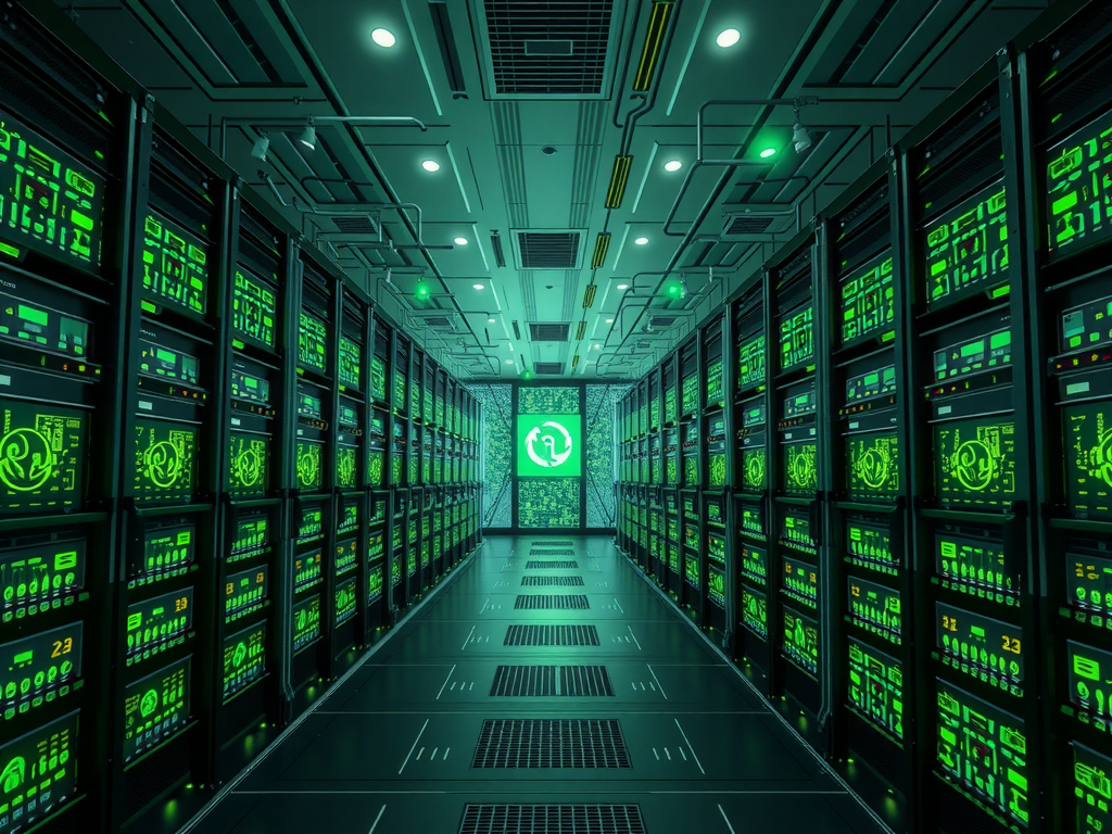 A futuristic data center powered by renewable energy, with servers glowing and green energy symbols, symbolizing Google's investment in clean energy for data centers and AI.