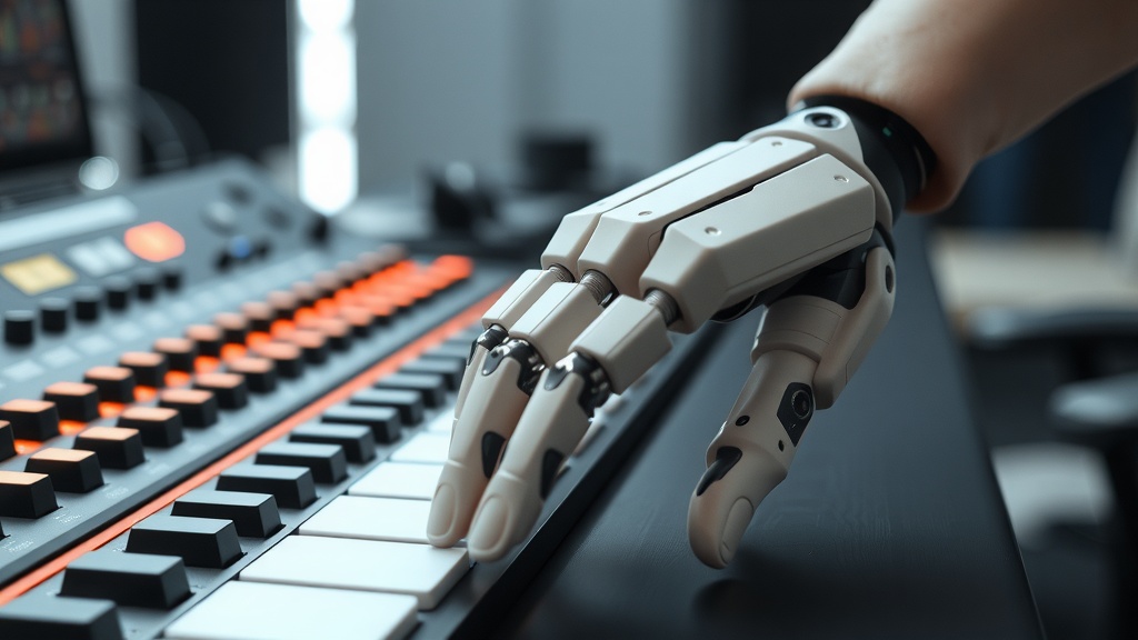 نمایی نزدیک از دست انسان که با دست رباتیک روی کنسول تولید موسیقی همکاری می‌کند، نمادی از هم‌افزایی بین خلاقیت انسانی و موسیقی هوش مصنوعی. محیط مدرن و هنری است. realistic, high-quality