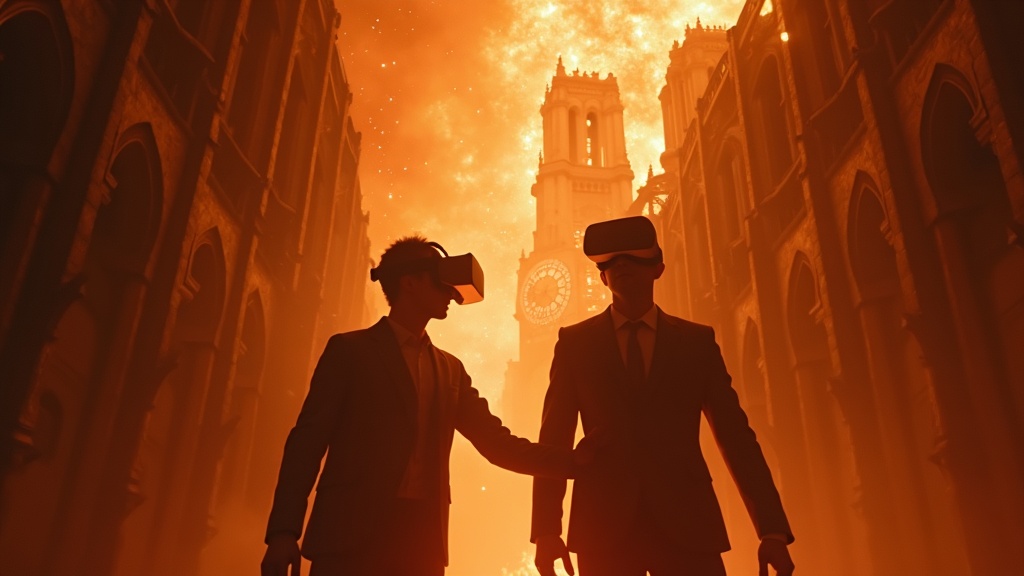 Interior gótico de la catedral de Notre Dame recreado en realidad virtual durante el escape room del incendio.