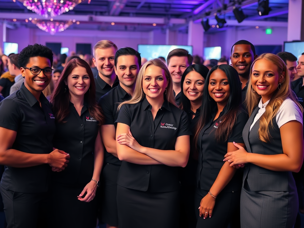 Team Staffing Agency's logo with a backdrop of a bustling London event.