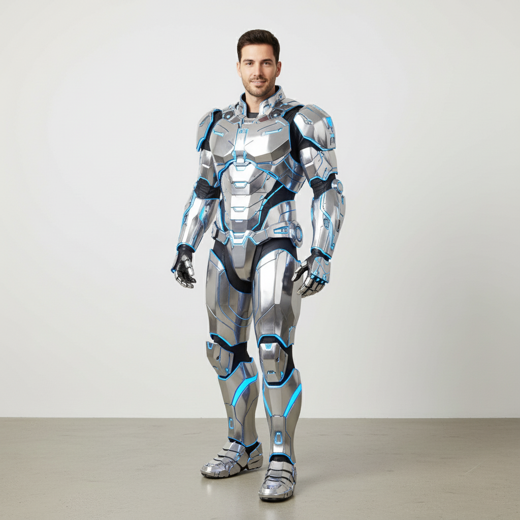 Change the person's clothes to intricate, futuristic silver sci-fi armor with glowing blue light accents. Keep the face, hair, and expression exactly the same.