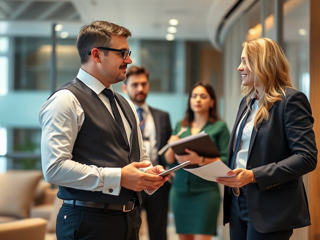 Professional manager from housekeeping staff agency discussing staffing solutions with hotel management team, business setting, professional attire