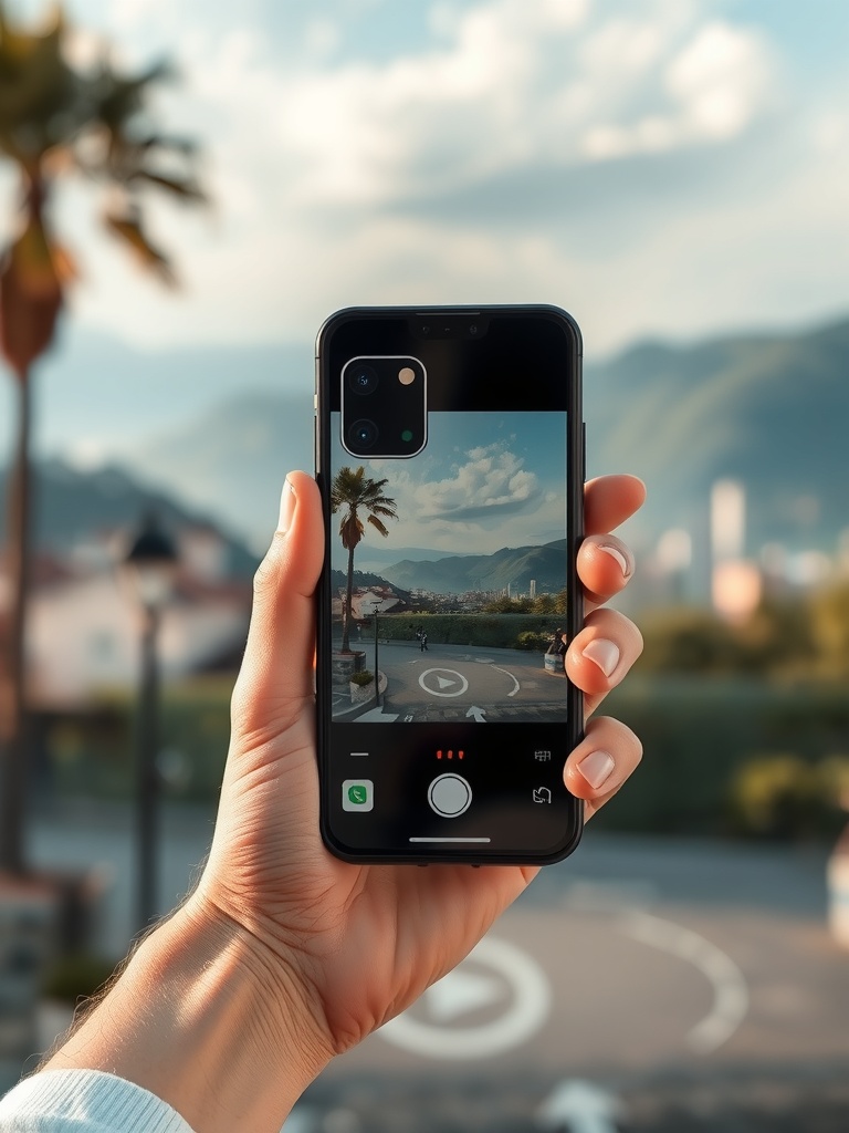 نمای نزدیک واقع‌گرایانه از دستی که یک گوشی هوشمند مدرن را گرفته و ماژول دوربین را به وضوح نشان می‌دهد، با پس‌زمینه‌ای تار از منظره‌ای زیبا یا محیط شهری، با تاکید بر عمل عکاسی_با_موبایل و نور طبیعی