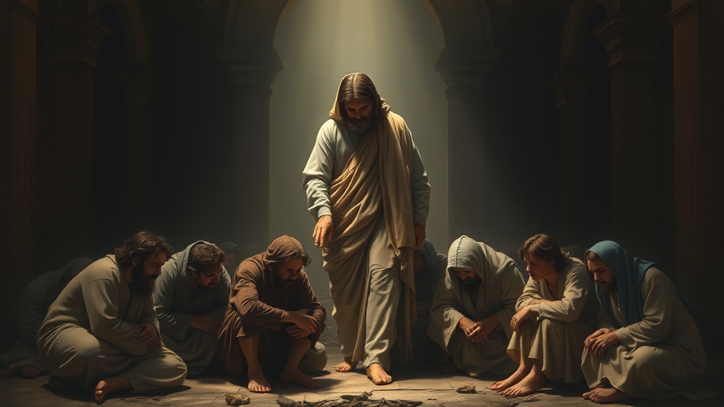 연약한 노동자들에게 손을 내미는 자비로운 인물과 피곤한 노동자들, 어두운 배경의 르네상스풍 장면