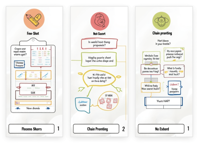An engaging visual showcasing three different prompting techniques: few-shot, no-shot, and chain prompting, each represented by colorful charts and diagrams in a bright learning environment.