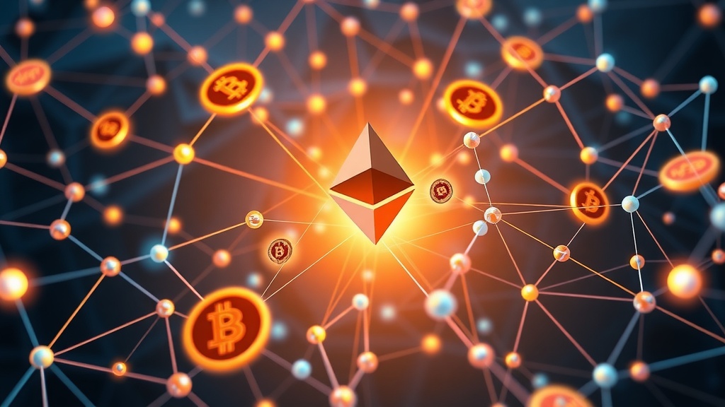 تصویری واقع‌گرایانه و انتزاعی از بلاکچین اتریوم با برنامه‌های غیرمتمرکز (DApps)، NFTها و پروتکل‌های دیفای به عنوان گره‌های به‌هم‌پیوسته، که اکوسیستم گسترده و رو به رشد اتریوم و تأثیر آن بر اقتصاد دیجیتال و رمزارز را نشان می‌دهد.