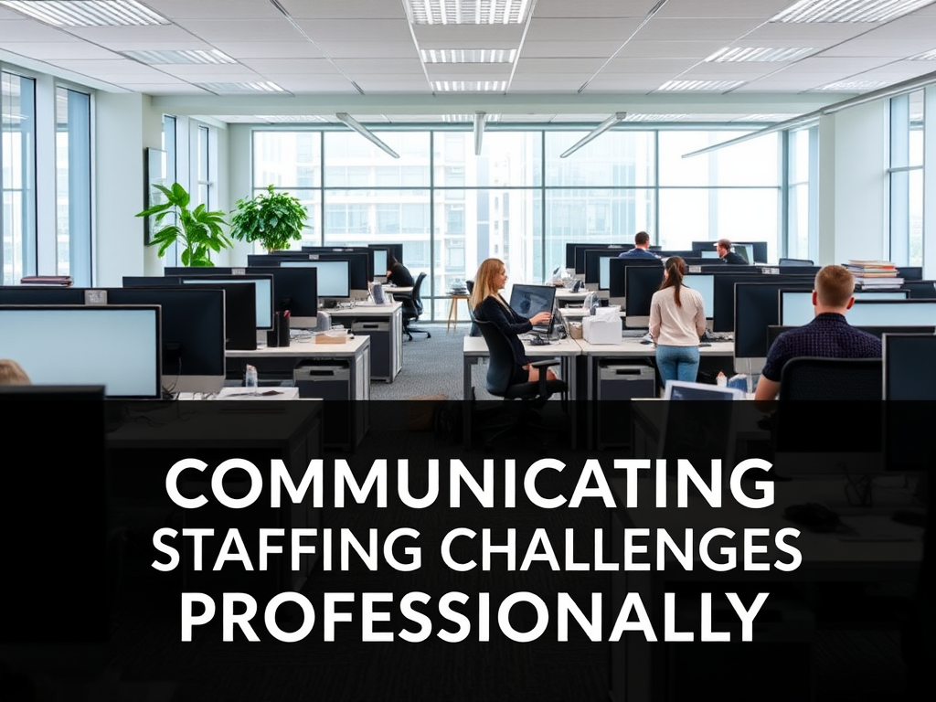 Professional office setting with visibly fewer people than workstations, showing a workplace that's understaffed. Modern, clean design with text overlay saying 'COMMUNICATING STAFFING CHALLENGES PROFESSIONALLY' in an elegant corporate font.