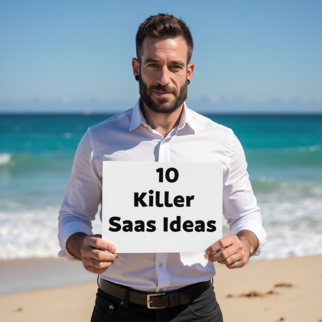 איש מחזיק שלט עם הכיתוב 10 רעיונות SaaS מנצחים על חוף ים