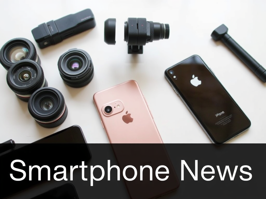 A collection of smartphone photography and videography accessories, including external lenses, gimbals, and different phone models, highlighting tools for enhanced mobile media creation relevant to smartphone news.