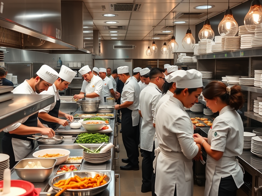 Busy Restaurant Kitchen with Temporary Staff