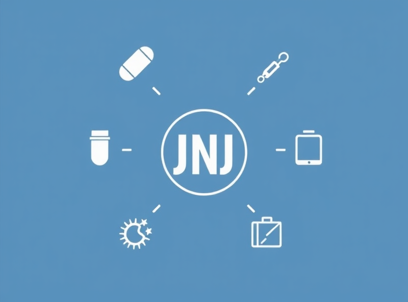 Simple icons representing JNJ's segments: a pill, a medical device, and a consumer product, arranged in a circle around a central JNJ logo. Clean, clear style.