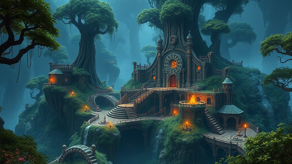 تصویری واقع‌گرایانه و با کیفیت بالا از جزیره Myst در بازی، نمایش‌دهنده فضای مرموز، مکانیزم‌های پیچیده و محیط سرسبز و پرجزئیات آن که با گرافیک مدرن رندر شده است. Myst iOS remake