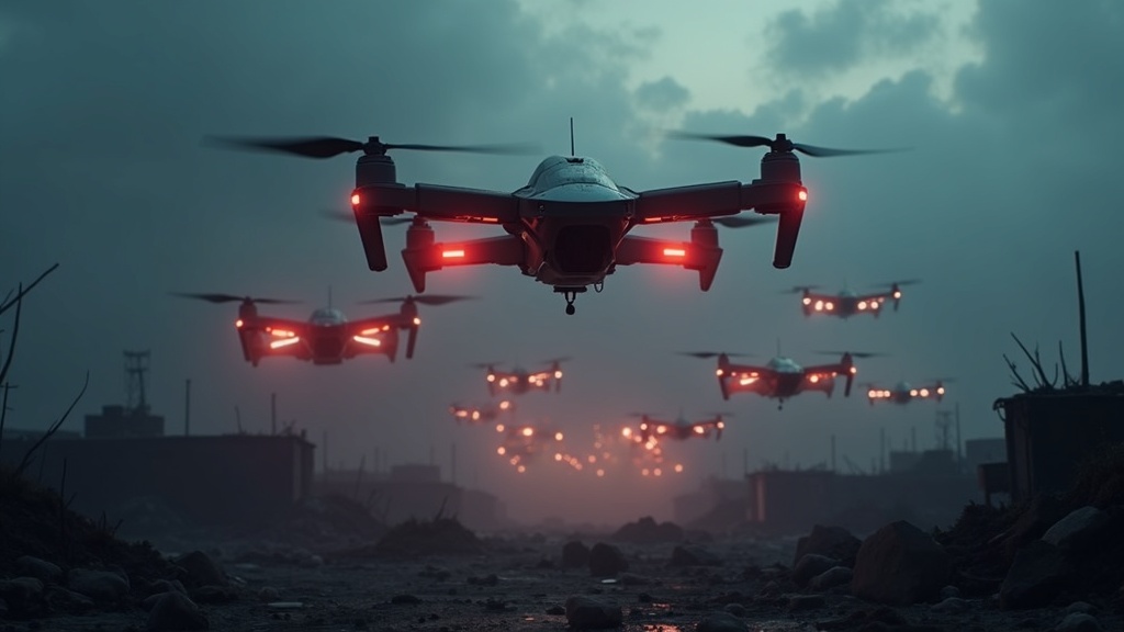 Escudo de defensa aéreo protegiendo una ciudad europea contra un enjambre, simbolizando la amenaza de los drones IA de Rusia a la OTAN