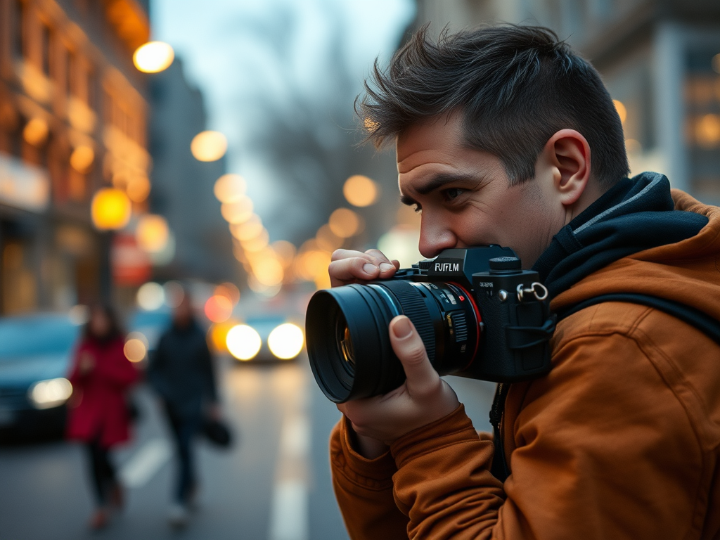 A street photographer capturing a candid moment with a Fujifilm X-Pro series camera and the XF 35mm f/1.4 R lens, emphasizing the lens's capability for street photography and beautiful bokeh in a Fujifilm lens review context.