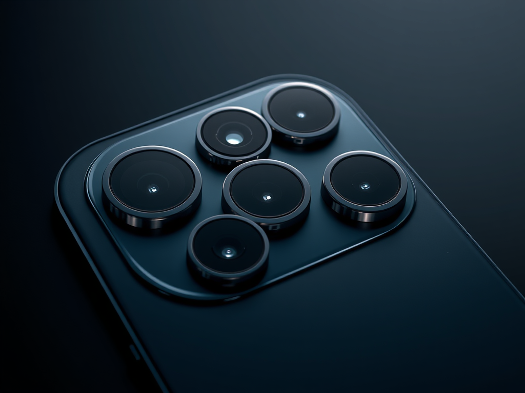 تصویری واقع‌گرایانه و باکیفیت از ماژول دوربین آیفون 16 پرو مکس که سه لنز آن به وضوح دیده می‌شوند و در محیطی حرفه‌ای و تاریک قرار دارد. iPhone 16 Pro Max Camera Review