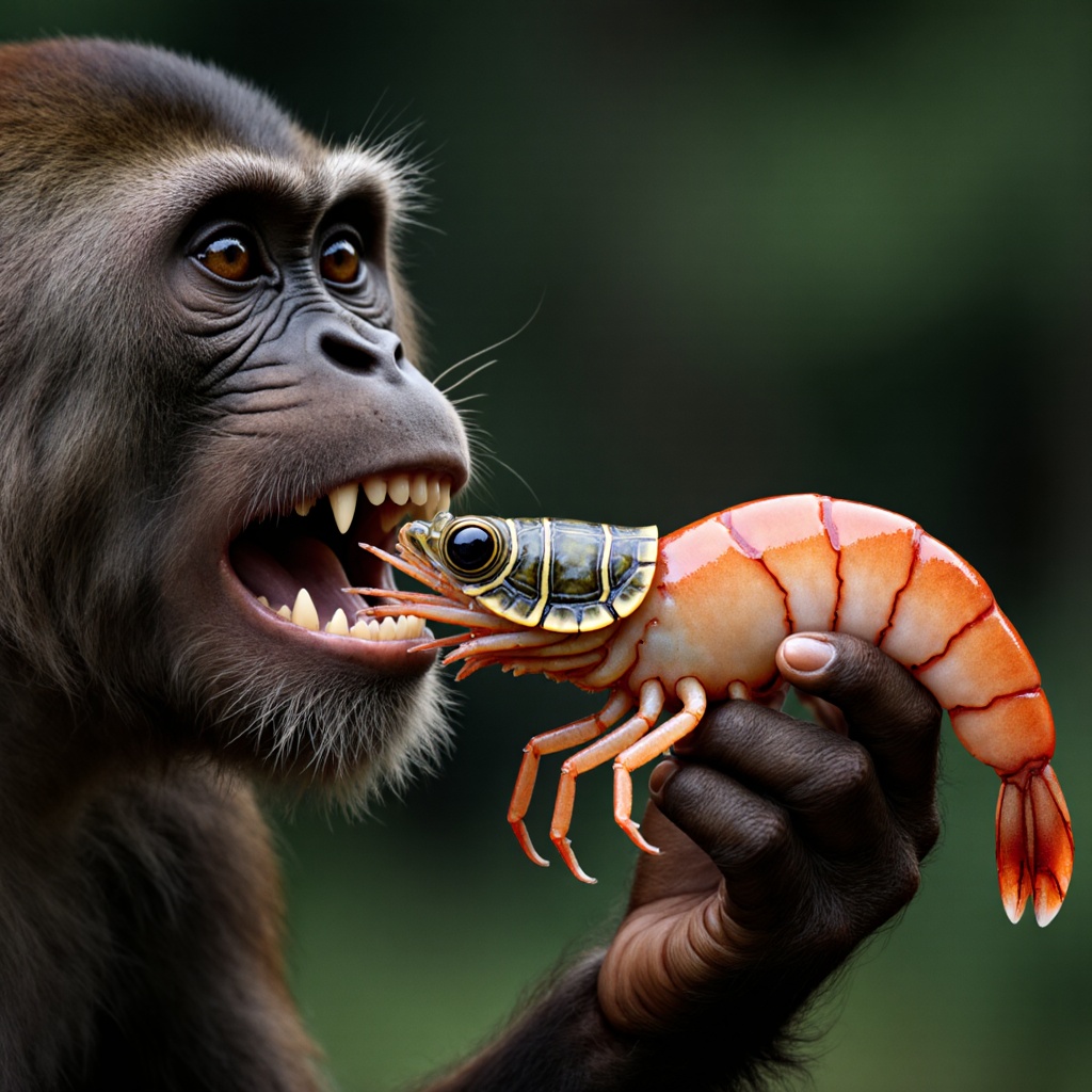 a shrimp that has a turtle head and is being eaten