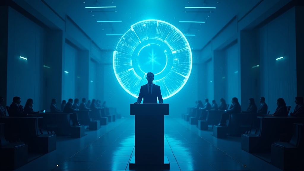 Representación visual de Diella, la ministra IA, como parte de un gobierno con IA que busca una alfombra democrática.