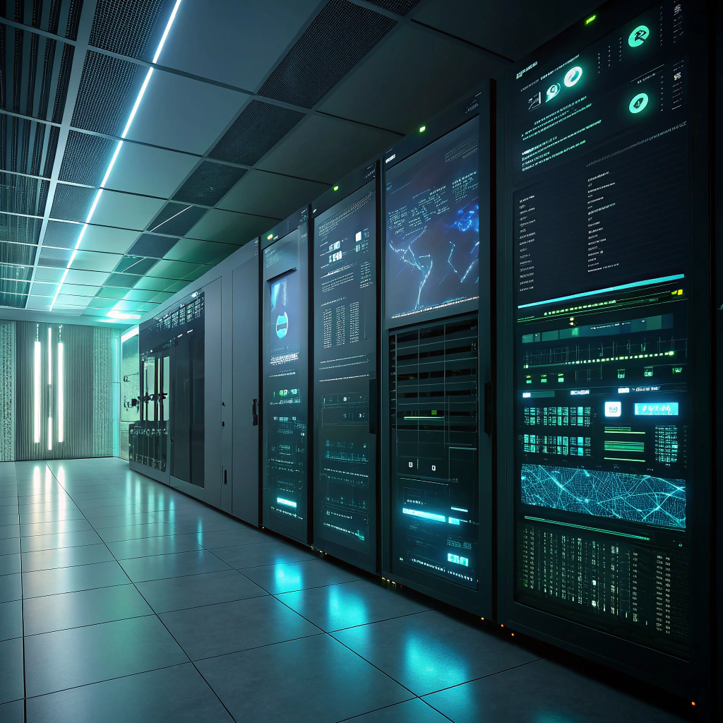 Nowoczesna serwerownia z interfejsem graficznym monitorującym procesy self-hostingu i konfiguracji serwera.