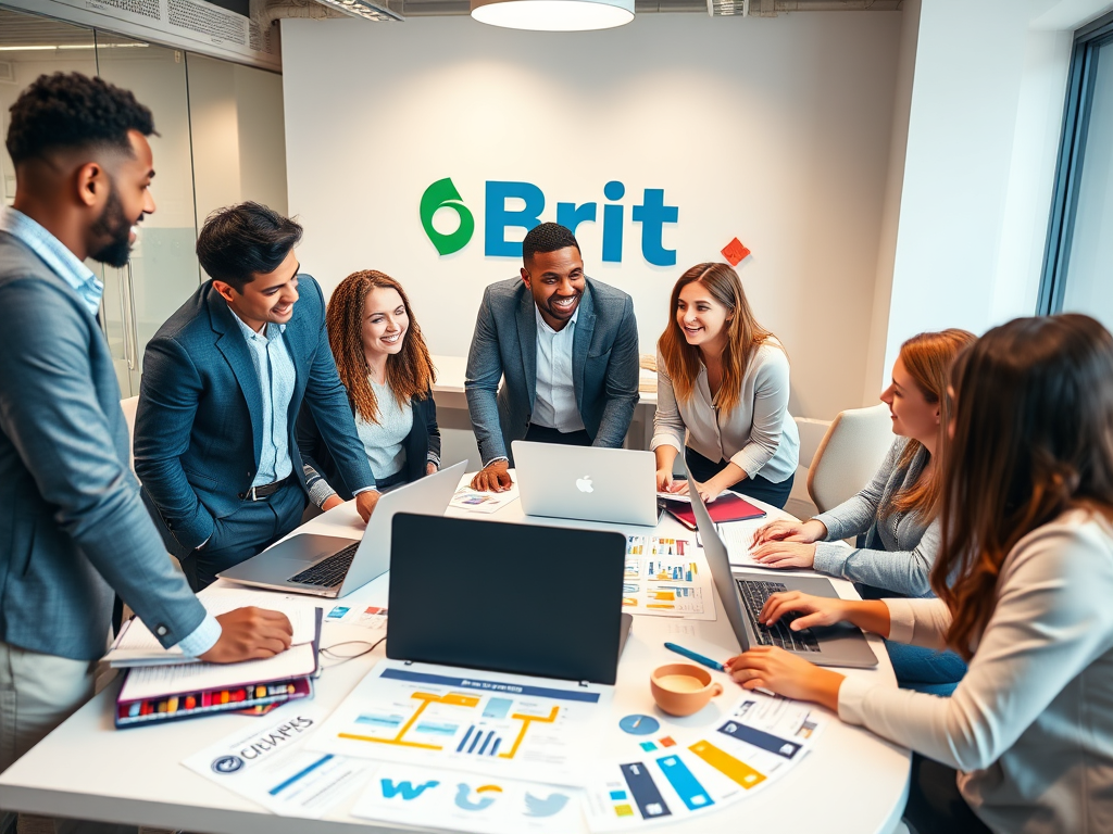 A group of Brit Marketing professionals brainstorming on social media content strategies in an office setting