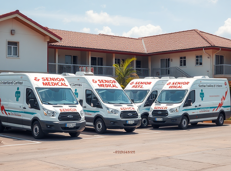 Elderly community members gather around state-of-the-art mobile medical vans, receiving expert care with dignity and respect.