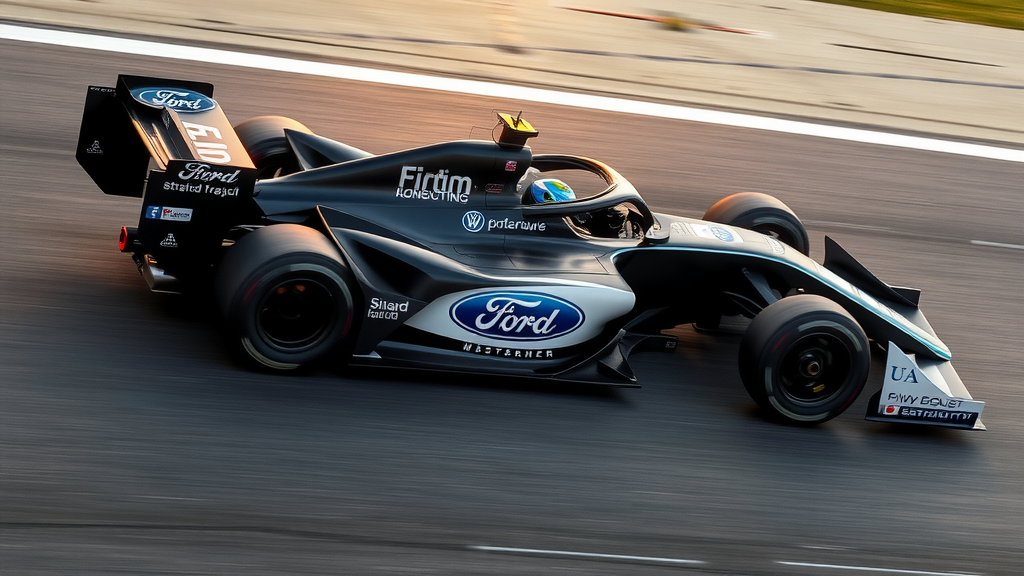 A modern Formula 1 car with Ford branding on its side, racing on a track, emphasizing the blend of traditional automotive power and future sustainability in the auto industry.